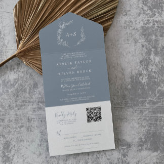 Invitación Todo En Uno Hoja mínima | Boda de código QR simple azul blanco