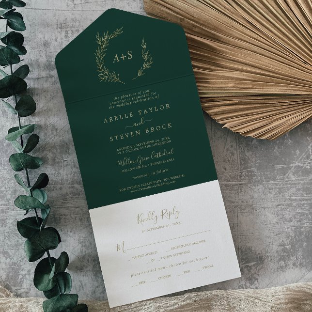 Invitación Todo En Uno Hoja mínima | Boda de oro y esmeralda (Subido por el creador)