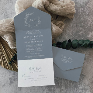 Invitación Todo En Uno Hoja mínima   Boda RSVP simple azul y blanco