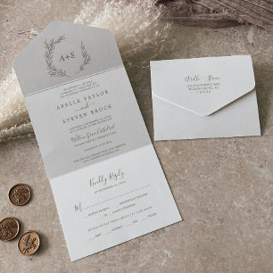 Invitación Todo En Uno Hoja mínima   Boda verde oliva