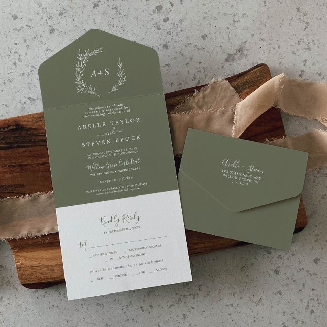 Invitación Todo En Uno Hoja mínima | Boda verde oscuro (Subido por el creador)