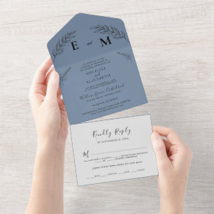 Invitación Todo En Uno Hoja mínima   Boho Dusty Blue Boda Todo En Uno