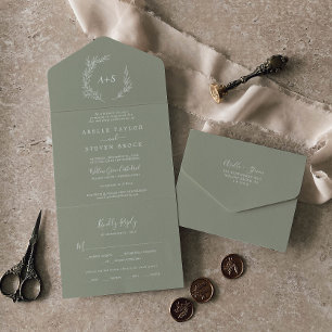 Invitación Todo En Uno Hoja mínima Sage Green Boda