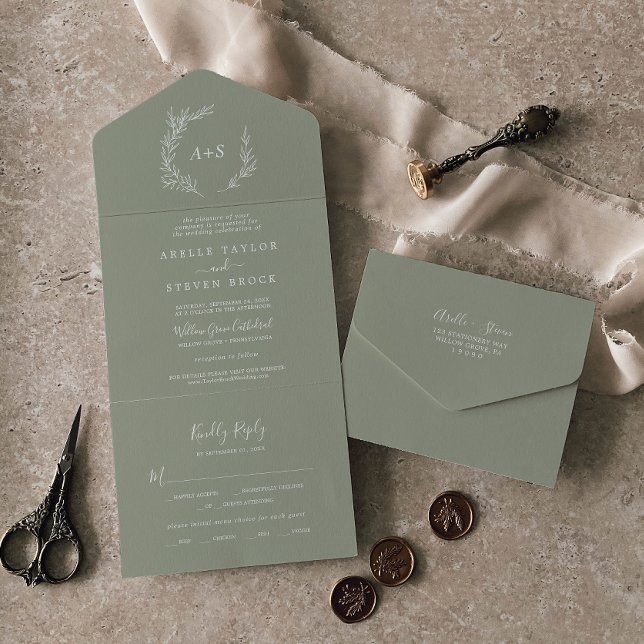 Invitación Todo En Uno Hoja mínima | Sage Green Boda (Subido por el creador)