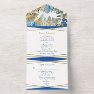 Invitación Todo En Uno Hoja Tropical Real Azul de Oro
