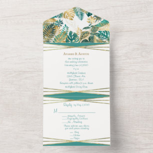 Invitación Todo En Uno Hoja tropical Verde azulada y dorada