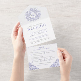 Invitación Todo En Uno hojas azul morado boda