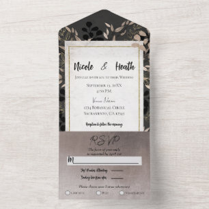 Invitación Todo En Uno Hojas Botánicas Elegantes Gris Rosado Dorado Boda