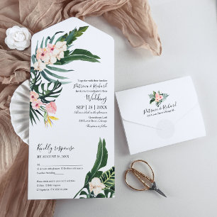 Invitación Todo En Uno Hojas de Palma Hibisco Tropical Elegante Boda