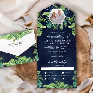 Invitación Todo En Uno Hojas de Palma Monstera Tropicales Foto Boda Azul 
