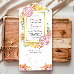 Invitación Todo En Uno Hojas de Palma Secas Florales Rosa Polvoriento Dor