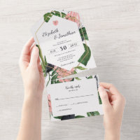 Hojas de selva tropical y flor rosa floral moderna