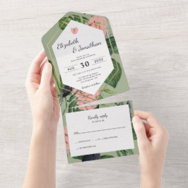 Invitación Todo En Uno Hojas de selva tropical y flor rosa floral moderna