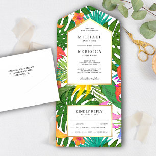Invitación Todo En Uno Hojas Tropicales Exóticas Boda de Jardín Colorido