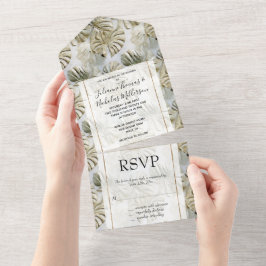 Invitación Todo En Uno Hojas tropicales verdes de oro