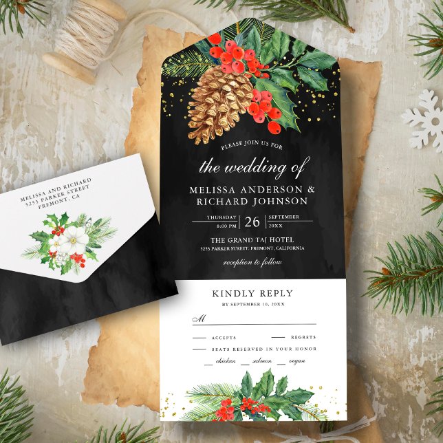 Invitación Todo En Uno Holly Berries Pine Cone Black Navidades Boda (Subido por el creador)