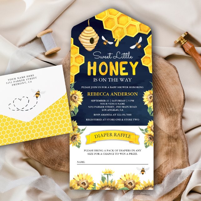 Invitación Todo En Uno Honeycomb Beehive Honey Bee Navy Baby Shower azul (Subido por el creador)