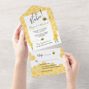 Invitación Todo En Uno Honeycomb Watercolor Bumble Bee Baby Shower