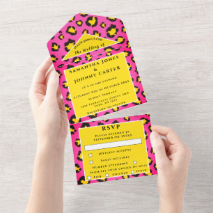 Invitación Todo En Uno Huella leopardo Cheetah Boda animal de Safari rosa