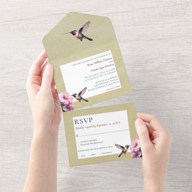 Invitación Todo En Uno Hummingbird e Hibiscus | Boda amarillo (desgarro)