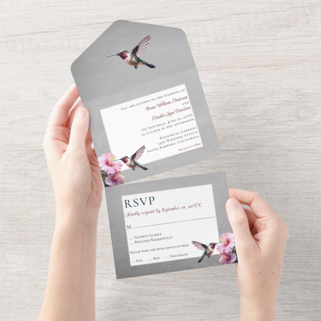 Invitación Todo En Uno Hummingbird e Hibiscus | Boda gris (desgarro)