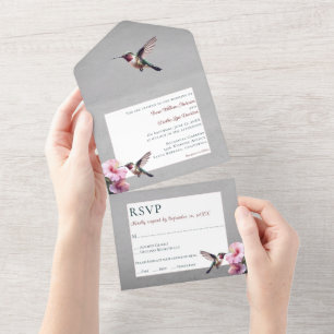 Invitación Todo En Uno Hummingbird e Hibiscus   Boda gris