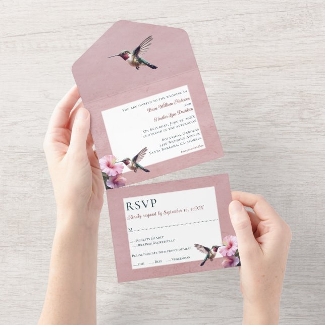 Invitación Todo En Uno Hummingbird e Hibiscus | Boda rosa (desgarro)