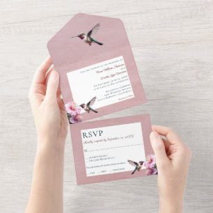 Invitación Todo En Uno Hummingbird e Hibiscus Boda rosa