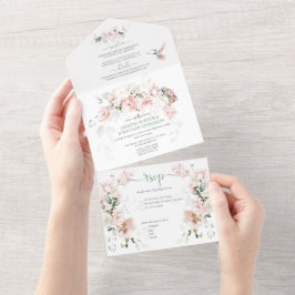 Invitación Todo En Uno Hummingbirds Roses Rosados De Rubor Sage Green Bod