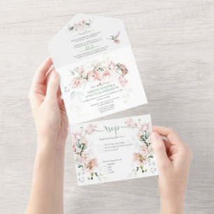 Invitación Todo En Uno Hummingbirds Roses Rosados De Rubor Sage Green Bod