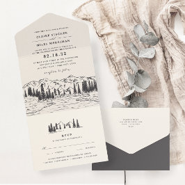 Invitación Todo En Uno Humo | Boda de Sketch de montaña