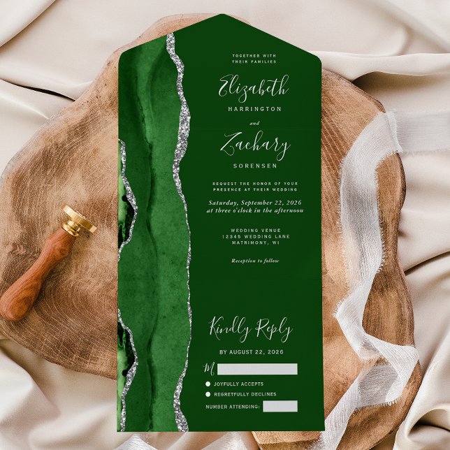 Invitación Todo En Uno Hunter Green Silver Agate Boda (Subido por el creador)