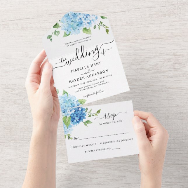 Invitación Todo En Uno Hydrangea Blue Dusty Light Floral Wedding RSVP (desgarro)