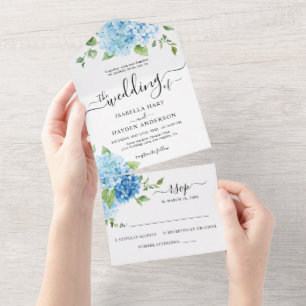 Invitación Todo En Uno Hydrangea Blue Dusty Light Floral Wedding RSVP
