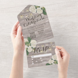 Invitación Todo En Uno Hydrangeas String ilumina la boda de madera rústic