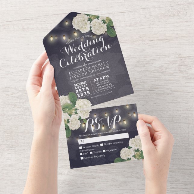 Invitación Todo En Uno Hydrangeas String Luces Flores azules Boda RSVP (desgarro)