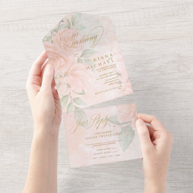 Invitación Todo En Uno ID828 del Boda de Rosas Rubor blandos (desgarro)