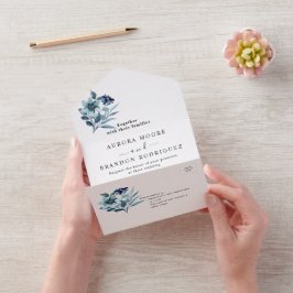 Invitación Todo En Uno Ilustración de Acuarela Rústica Ramo Floral Azul