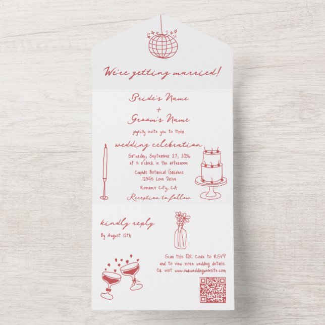Invitación Todo En Uno Ilustraciones dibujados a mano Doodles Boda marrón (Interior)