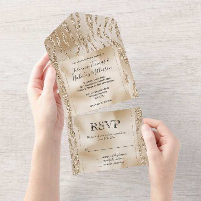 Invitación Todo En Uno Impresión Zebra de Purpurina Luxe Gold (desgarro)