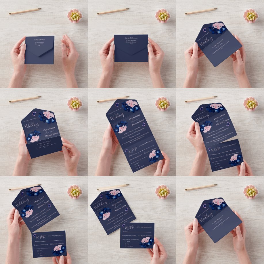 Invitación Todo En Uno Incursión de floral rosa de la marina todo en una 