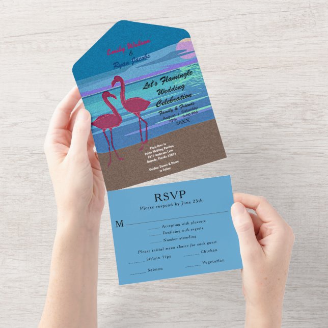 Invitación Todo En Uno Información sobre bodas en playa tropical Flamingo (desgarro)