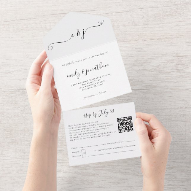 Invitación Todo En Uno Iniciales Código QR de letra elegante en cualquier (desgarro)