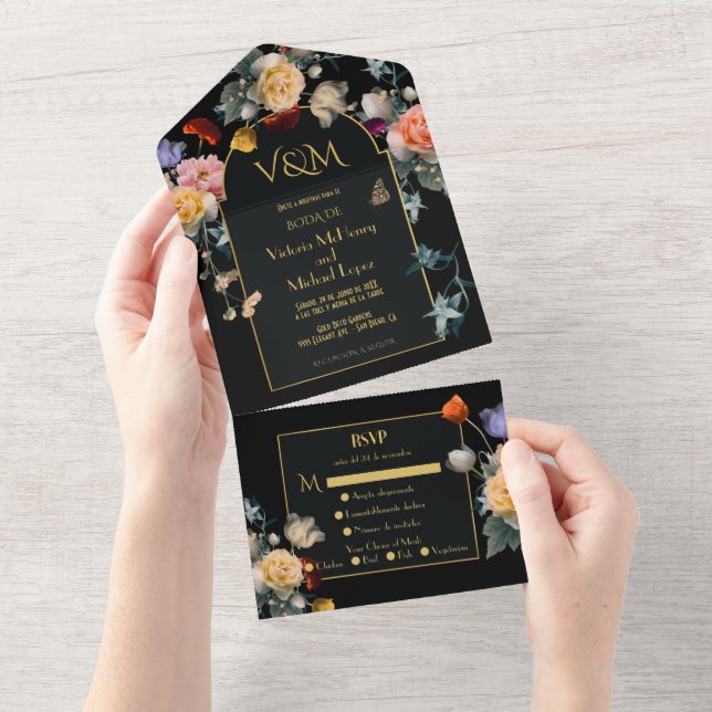 Invitación Todo En Uno Iniciales de Boda Españolas Florales Oscuras y Mel (desgarro)