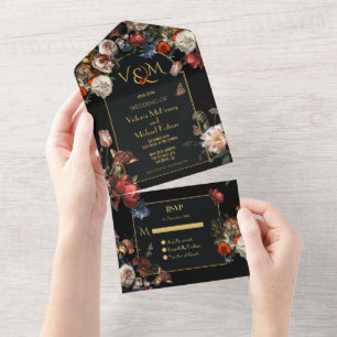 Invitación Todo En Uno Iniciales de Boda Floral Oscura y Malhumorada de R