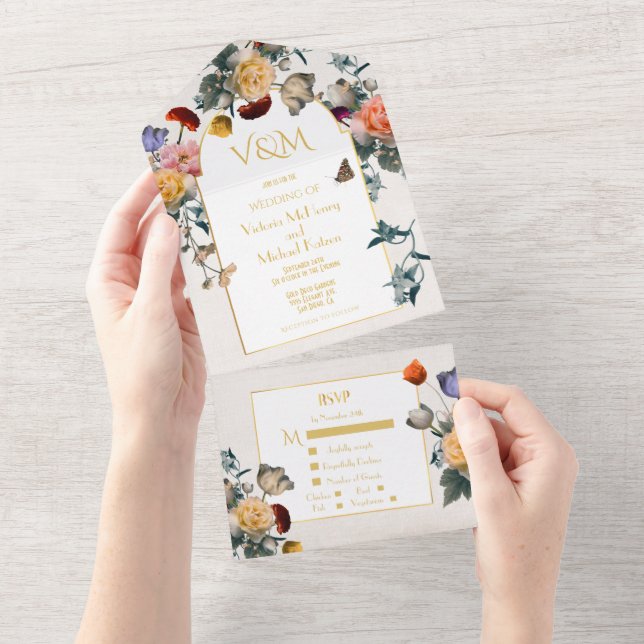 Invitación Todo En Uno Iniciales de Boda Holandés Floral Ligero y Etéreo (desgarro)