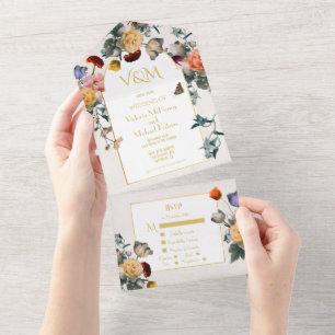 Invitación Todo En Uno Iníciales de Boda Ligera y Aérea con Floral Holand