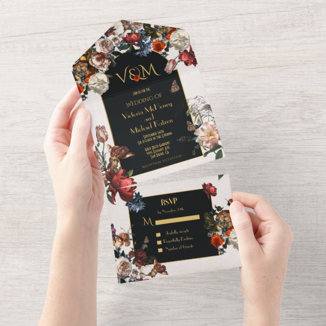 Invitación Todo En Uno Iniciales de Rembrandt Moody Floral Boda (desgarro)