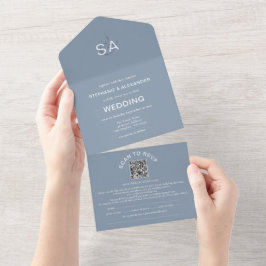 Invitación Todo En Uno Iniciales minimalistas Código QR Boda azul turbio