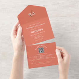 Invitación Todo En Uno Iniciales minimalistas Código QR Código Boda Terra